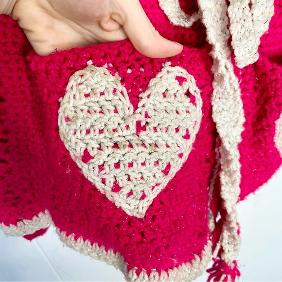 💖HAND-KNIT Pink Chunky Cardigan Belted Heart Patch Pockets Whimsical Crochet - Picture 6 of 9